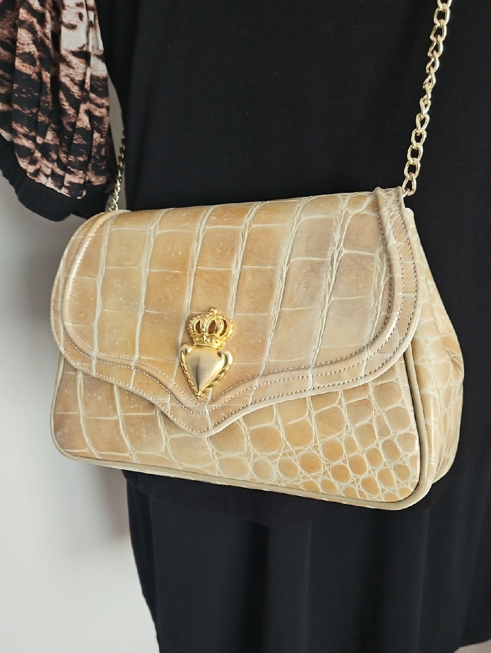Sondra Roberts Beige Croc-Embossed Shoulder Bag with Gold Heart Crown Accent.